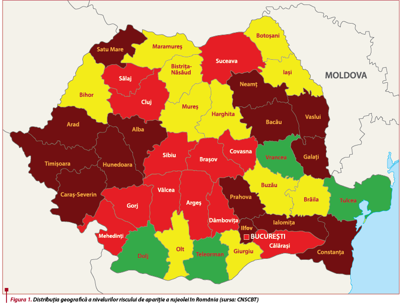 Figura 1. Distribuția geografică a nivelurilor riscului de apariție a rujeolei în România