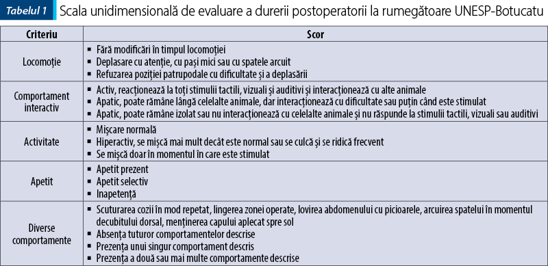 Tabelul 1. Scala unidimensională de evaluare a durerii postoperatorii la rumegătoare UNESP-Botucatu