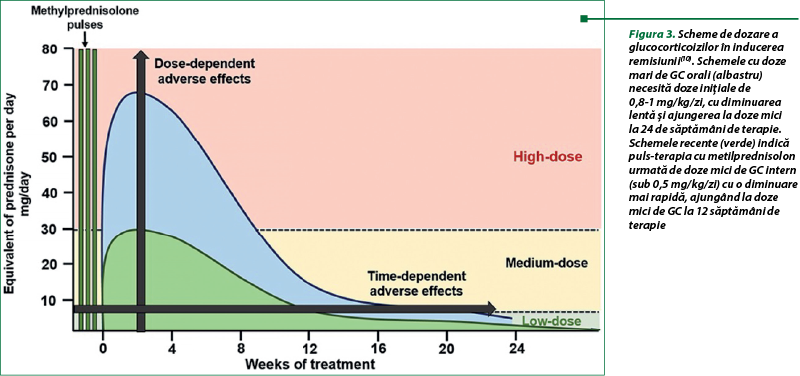 Figura 3. Scheme de dozare a glucocorticoizilor în inducerea remisiunii(10). Schemele cu doze mari de GC orali (albastru) necesită doze iniţiale de  0,8-1 mg/kg/zi, cu diminuarea lentă şi ajungerea la doze mici la 24 de săptămâni de terapie. Schemele recente (verde) indică puls-terapia cu metilprednisolon urmată de doze mici de GC intern (sub 0,5 mg/kg/zi) cu o diminuare mai rapidă, ajungând la doze mici de GC la 12 săptămâni de terapie