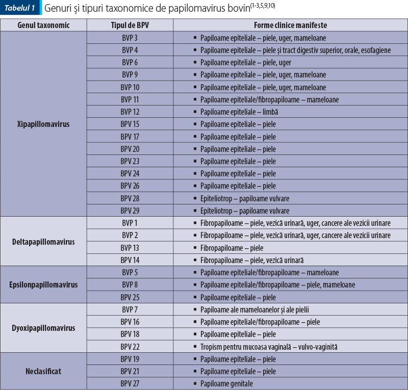 Tabelul 1 Genuri şi tipuri taxonomice de papilomavirus bovin(1-3,5,9,10)