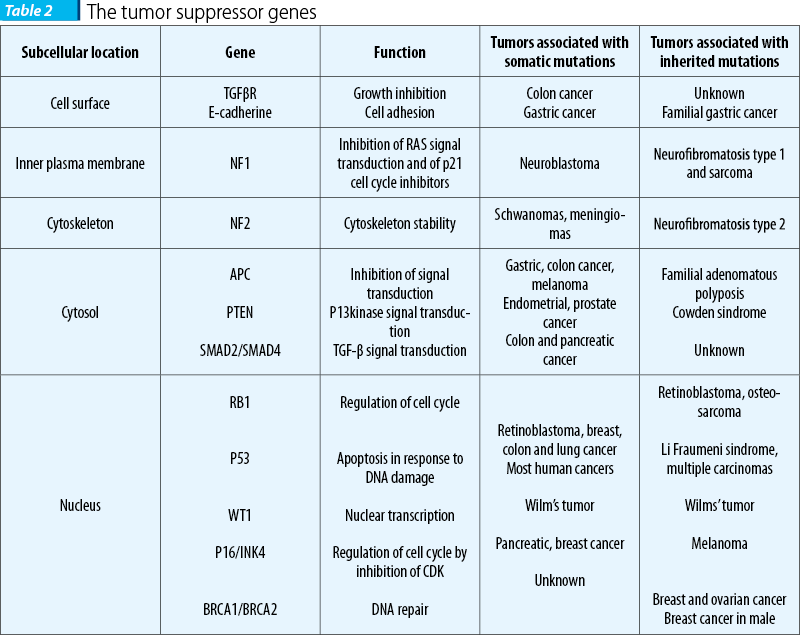 Table 2. The tumor suppressor genes