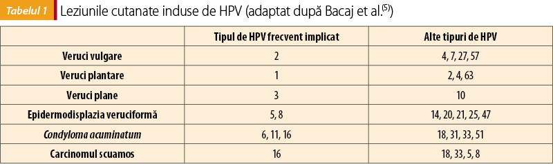Tabelul 1. Leziunile cutanate induse de HPV (adaptat după Bacaj et al.(5))